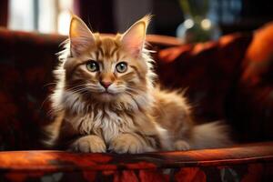 ai generado rojo mullido gato acostado en sofá y mirando a cámara, mascota descansando adentro foto