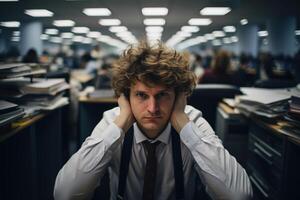 AI generated Deadline, desperate office worker at workplace in a pile of papers. Front view of a confused tired man in a tie and shirt holding his head indoors photo