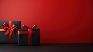 AI generated Two black gift box on red background with empty space for advertising, Black Friday concept. Minimalism banner with copy space photo