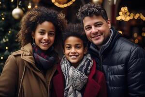 ai generado contento interracial familia a Navidad hora en calle, retrato de padres y hija juntos en fiesta antecedentes al aire libre foto