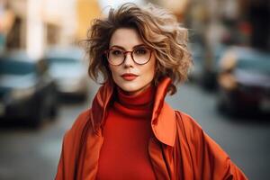 AI generated Portrait of elegant middle aged woman wearing burgundy coat and glasses posing on street in city, stylish senior lady outdoors looking at camera. Autumn lifestyle female fashion photo