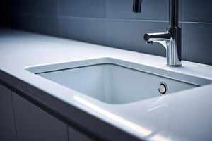 AI generated Close-up bathroom furniture minimalism design, faucet and sink. Home decor, selective focus photo