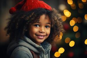 AI generated Smiling cute african american girl in festive red hat against background of decorated garland Christmas tree indoors, xmas child portrait photo