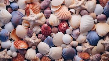 AI generated Sea life background, pile of starfish shells top view photo