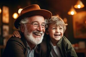 ai generado positivo riendo abuelo y nieto juntos, alegre pequeño chico abrazando contento elegante abuelo en lentes y sombrero adentro. familia estilo de vida retrato foto