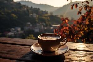 AI generated Close-up of a cup of coffee on a wooden table against a background of nature photo