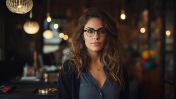 AI generated Portrait of an adult woman wearing glasses and standing in a cafe looking at camera. Customer or cafeteria owner photo