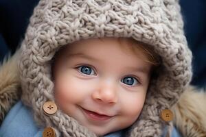 AI generated Child portrait, cute positive smiling newborn baby in a knitted hat looking at camera photo