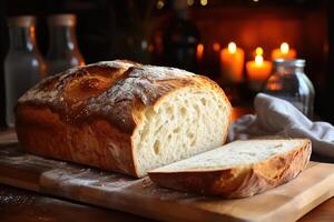 AI generated Close-up of sliced white fresh homemade bread on a table indoors photo