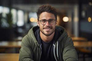 AI generated Portrait of a positive young male wearing casual clothes and eyeglasses sitting indoors and looking at camera photo