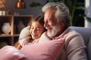 AI generated Family concept portrait, happy grandfather and granddaughter hugging together while sitting on sofa in room photo
