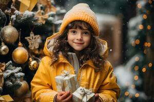 AI generated Pretty smiling girl holding xmas gifts standing on backdrop decorated Christmas tree outdoors. Portrait of cute caucasian child in outerwear on winter festive snowy day photo