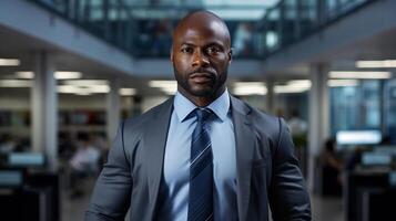 AI generated Serious confident adult afro american businessman in business suit standing indoors photo