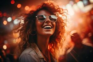 AI generated Happy laughing hipster woman with glasses having fun at music festival dancing in crowd of people in nightclub. Enjoying Caucasian young hippie woman at a party, lifestyle photo