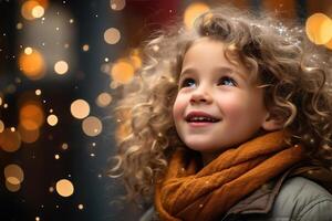 AI generated Festive xmas child portrait, caucasian little joyful curly girl on bokeh garland background looking up, happy new year and christmas photo