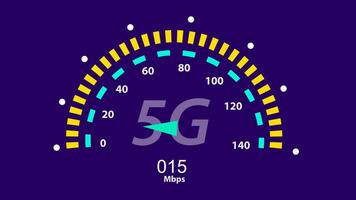 animation internet speed test 5g. holographic circle modern style technology, rotating on arrow cursor lever. visual background of internet speed. video