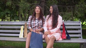 twee mooi meisjes zitten in een park Aan een bank na boodschappen doen en bespreken winkelen. 4k video