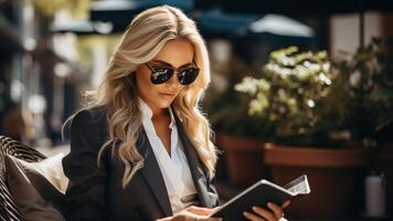 AI generated Stylish business woman in sunglasses using tablet outdoors. Businesswoman in a suit working online looking at a gadget on a sunny day photo