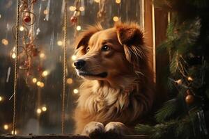 AI generated Purebred beautiful dog at decorated Christmas tree looking out window photo