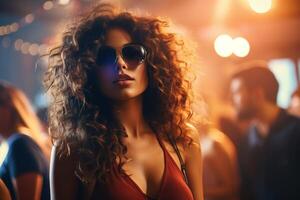 AI generated Night club life, sexy young afro american curly woman wearing sunglasses at music party indoors photo