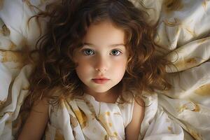 AI generated Children rest and sleep, top view little cute caucasian girl child lying on bed and looking at camera photo