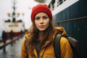 AI generated Winter travel on ship, portrait of beautiful young caucasian woman traveler in outerwear and with backpack standing in port against backdrop of ships and looking at camera photo