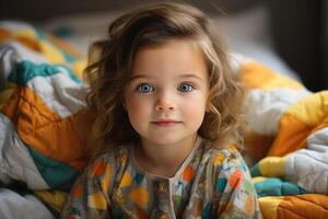 AI generated Portrait of a little cute Caucasian girl child in pajamas sitting on a bed with a colored blanket in the bedroom and looking at camera, good morning concept photo