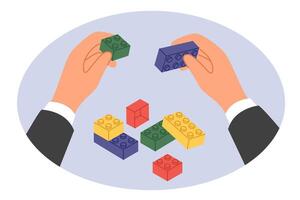 Hands businessman with toy bricks as metaphor for reorganization and restructuring company for reformation of business processes. Businessman is engaged in rebuilding own corporation or team building vector