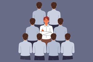 Man stands out from crowd of business colleagues due to individuality or better professional skills vector