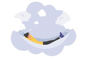 Woman sleeps in hammock suspended on clouds, having good dreams and filling herself with energy before new working day. Fantastic dream of girl flying in sky and enjoying wonderful dreams vector