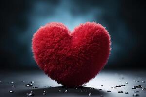 AI generated Romance, love concept symbol. Fluffy soft red heart on a dark background, close-up photo