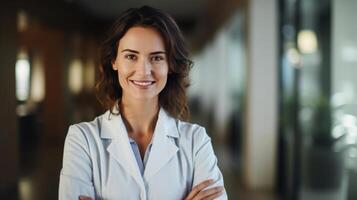 AI generated Adult confident female doctor in a white coat standing in hospital corridor photo