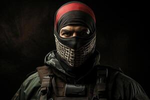 AI generated Portrait front view of a Palestinian soldier in a red-green mask looking at camera photo