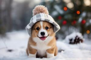 ai generado pequeño linda mascota en un de punto acogedor sombrero sentado en contra antecedentes de un decorado Navidad árbol al aire libre foto