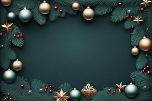 AI generated Christmas rectangular frame with empty space for text, Xmas decoration balls and fir branches on a green background photo