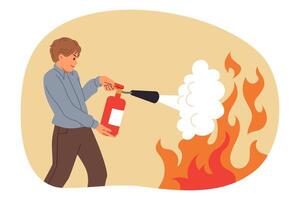 Man uses fire extinguisher, heroically approaching flame and trying to put out source of danger with foam. Guy office worker fights with burning at workspace, holding red fire extinguisher in hands vector