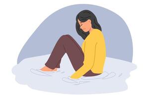 Crying woman sits in puddle tears, suffering from depression after breaking up with boyfriend. Crying girl is experiencing nervous breakdown due to being fired and losing right to foreclose on house. vector