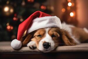 AI generated Christmas dog, cute sleeping pet in a red holiday hat against the background of a decorated Christmas tree indoors photo