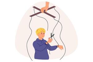 Independent boy frees himself from parental manipulation by cutting puppeteer ropes that interfere with self-development. Puppeteer hand is trying to control child and direct son in right direction vector