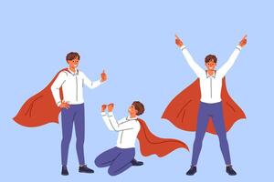 Business man in superhero cape rejoices in victory, taking different poses and making joy gestures vector