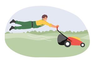 Man gardener uses powerful lawn mower to maintain grass of public park or golf course. Young guy in work uniform flies holding handle of gasoline lawn mower and looks at screen smiling. vector