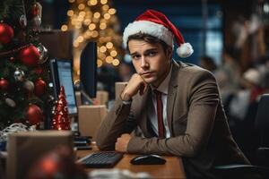 ai generado trabajo durante Navidad vacaciones. triste trastornado masculino oficina trabajador en rojo Papa Noel sombrero sentado a lugar de trabajo y mirando a cámara, tiempo extraordinario foto