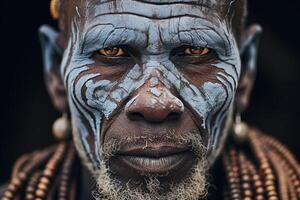 ai generado disparo a la cabeza retrato de un antiguo africano tribal hombre mirando a cámara foto