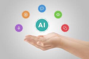 Hand presenting levitating AI icons. Natural language processing, computer vision, speech recognition, machine learning, conversational AI. Illustrating artificial intelligence concept photo