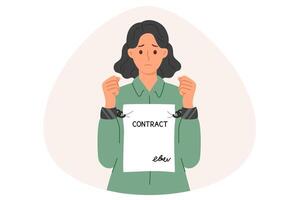 Woman is constrained by strict contract prohibiting disclosure of information or change in field of activity. Girl with contract instead of handcuffs regrets that she signed nda agreement vector