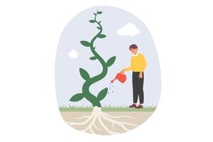 hombre aguas fantástico árbol, disfrutando rápido crecimiento planta Gracias a alta calidad fertilizante ese fortalece raíces. eco activista chico toma cuidado de ecología y crece árbol, restaurar bosque y ambiente vector