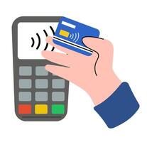 Contactless wireless cashless payment. Hands paying with bank debit credit card and POS terminal. Flat graphic vector illustration.