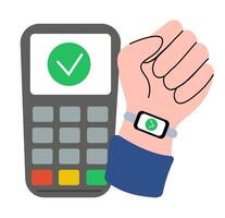 Processing of smartwatch payment. Accepting payment. POS terminal and hand with watch. Contactless payment method. Vector flat illustration.