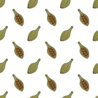 Seamless Pattern with Cardamom. Whole and half with seeds. Spice, condiment and herb background. Kitchen wallpaper. Vector flat illustration.