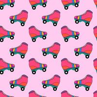 Seamless pattern with cute colorful retro roller skates. Vintage style 90s, 80s, 70s background. Vector flat illustration.